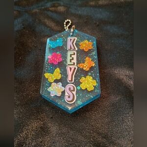 Handmade Blue Resin Large Industrial Key Fob Glitter Butterfly Business Keychain